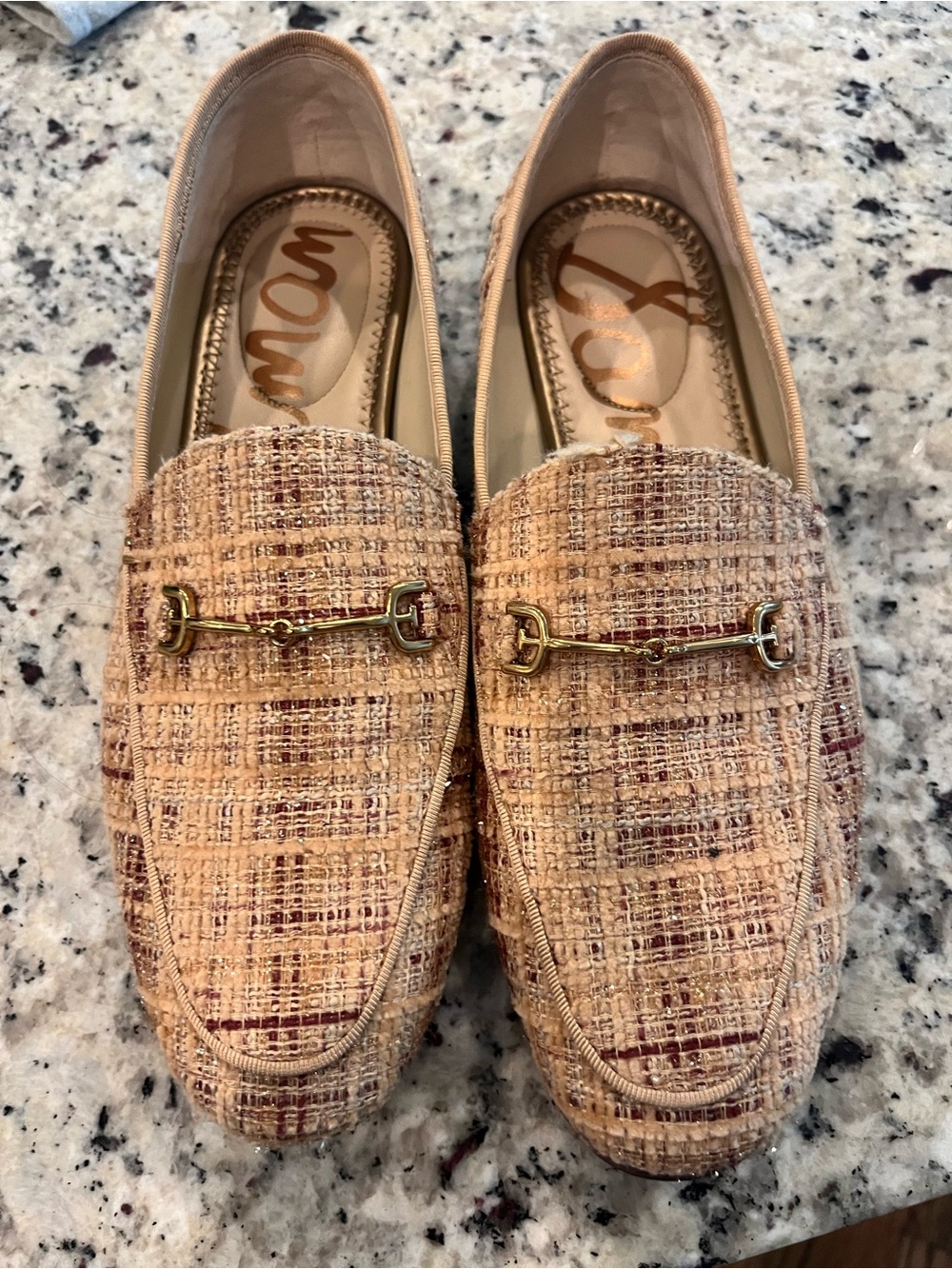 Sam Edelman Peach Tweed Bit Loafers with Gold Hardware